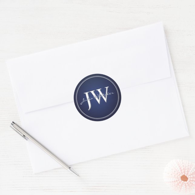 Custom Initials Navy Blue und Silver Runder Aufkleber (Umschlag)