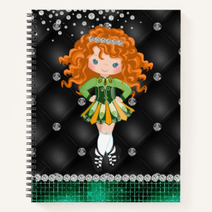 Custom Irish Dance Redhead Girl Green, Black Notizbuch
