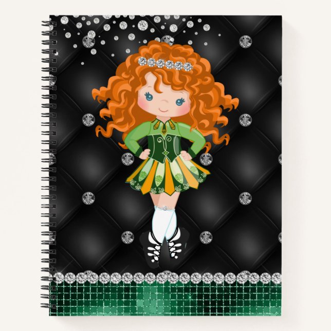 Custom Irish Dance Redhead Girl Green, Black Notizbuch (Vorderseite)