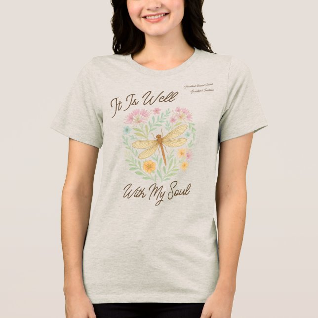 Custom "It is well with my Soul" Boho Dragonfly Tri-Blend Shirt (Vorderseite)