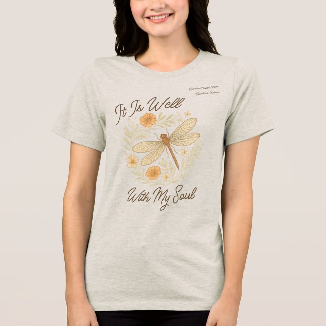 Custom "It is well with my Soul" Boho Dragonfly Tri-Blend Shirt (Vorderseite)