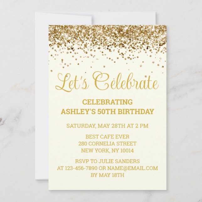 Custom Ivory and Gold Glitter 50th Birthday Party Einladung (Vorderseite)