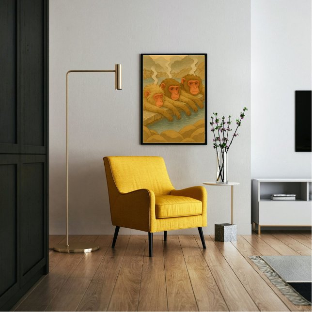 Custom Japan Reise Landschaft Whimsical Affe Poster (Soaking monkeys in Nagano, Japan. Paper cutting style art.)