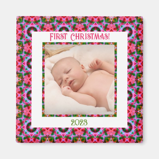 Custom Jolly Festive Christmas Pink Foto Picture Magnet (Vorne)