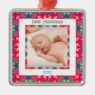 Custom Jolly Happy First Christmas Foto Frame Ornament Aus Metall