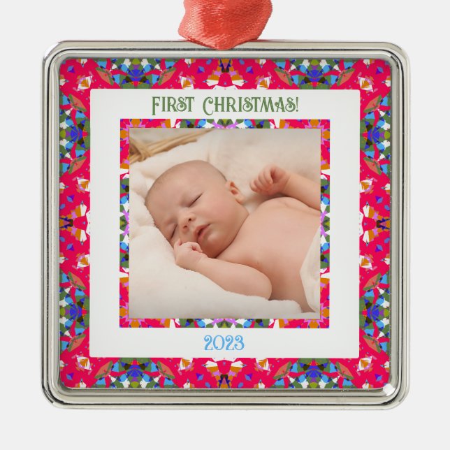 Custom Jolly Happy First Christmas Foto Frame Ornament Aus Metall (Vorne)