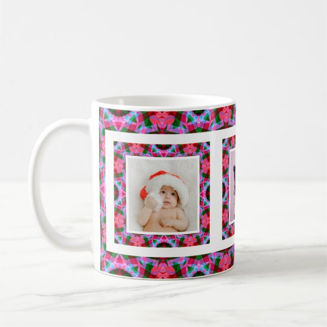 Custom Jolly Pink Green Christmas Pattern Foto Kaffeetasse (Links)