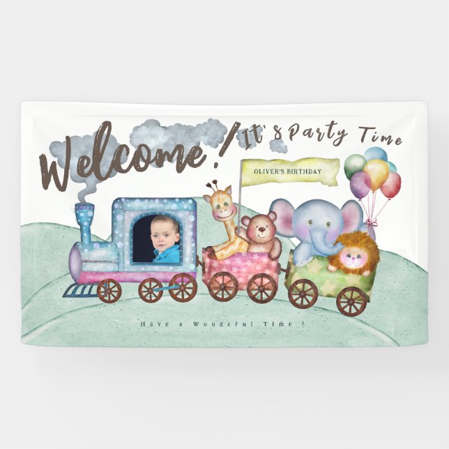 Custom Junge Foto Geburtstagszug Aquarell Banner (Horizontal)