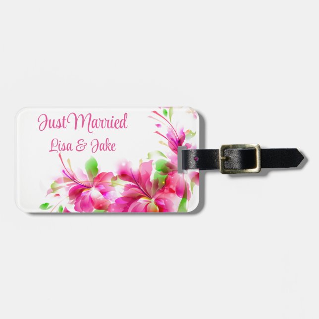 Custom Just Married Floral Luggage Tag Gepäckanhänger (Vorderseite horizontal)