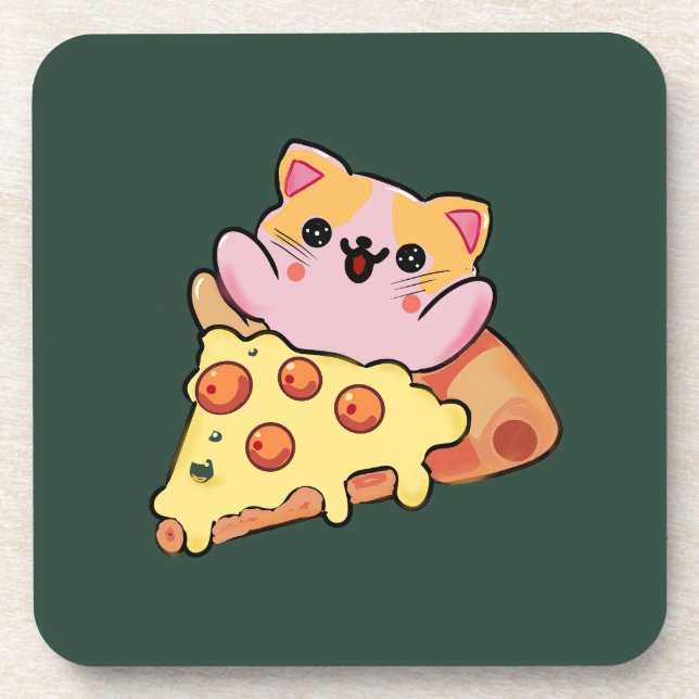 Custom Kawaii Cat Hugging Pepperoni Pizza Cartoon Getränkeuntersetzer (Vorderseite)