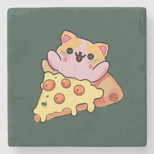 Custom Kawaii Cat Hugging Pepperoni Pizza Cartoon Steinuntersetzer (Vorderseite)