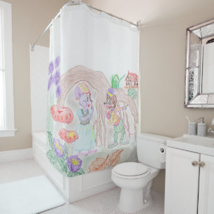 Custom Kids Artwork, zwei niedliche Maus, Blume... Duschvorhang
