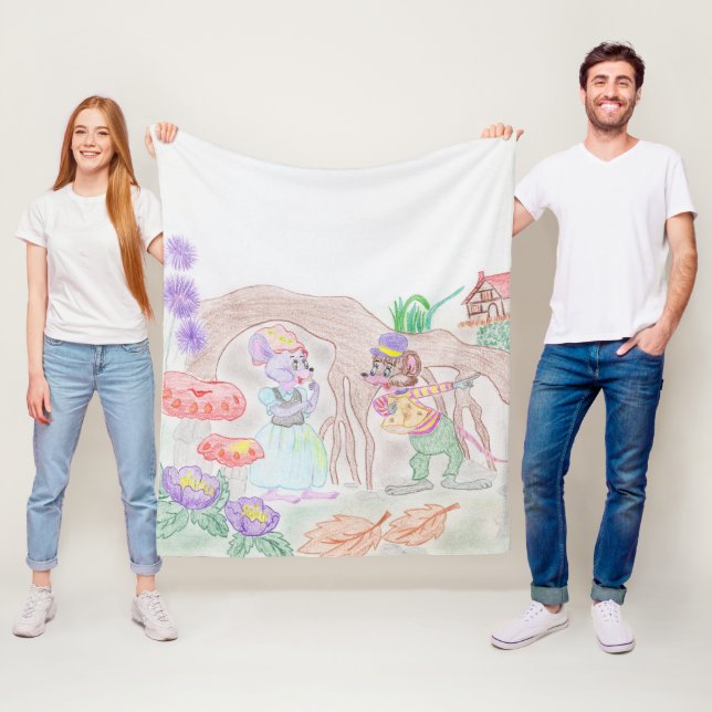 Custom Kids Artwork, zwei niedliche Maus, Blume... Fleecedecke (Beispiel)