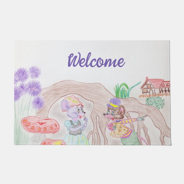 Custom Kids Artwork, zwei niedliche Maus, Blume... Fußmatte (Vorderseite)