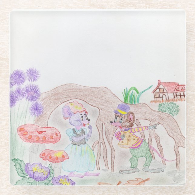 Custom Kids Artwork, zwei niedliche Maus, Blume... Glasuntersetzer (Vorderseite)