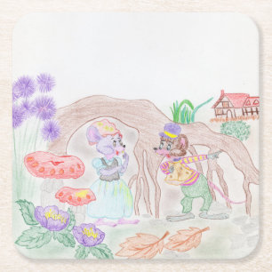 Custom Kids Artwork, zwei niedliche Maus, Blume... Rechteckiger Pappuntersetzer