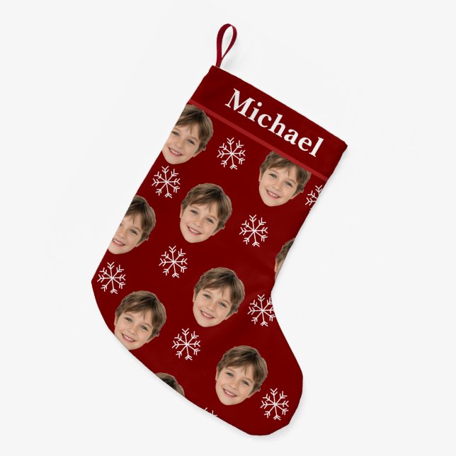 Custom Kids Face & Name Red Snowflake Kleiner Weihnachtsstrumpf (Vorderansicht (hängend))
