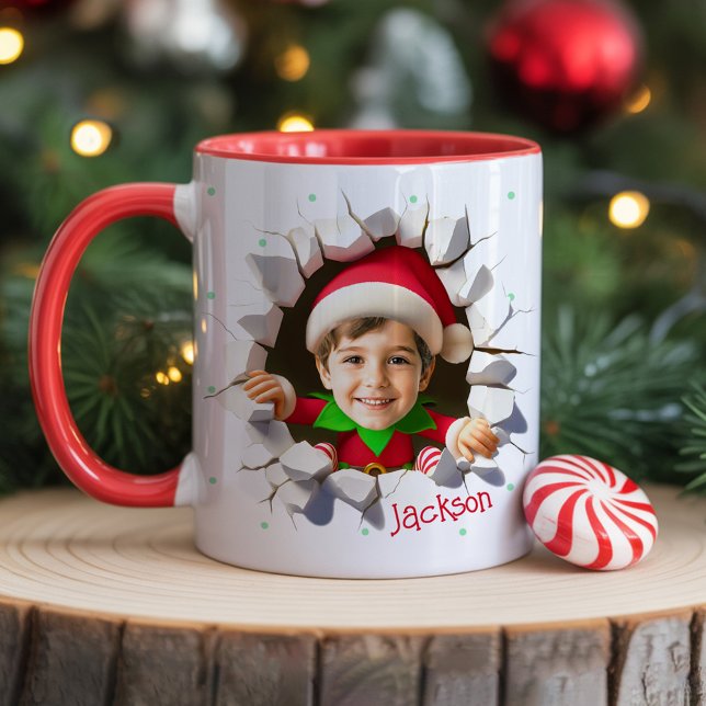 Custom Kids Face Photo Funny Christmas Elf Name Tasse (Fun Christmas photo mug cups for kids with funny personalized face head and name holiday gift)