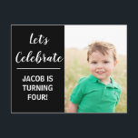 Custom Kids Foto Birthday Party Black Minimalistis Einladungspostkarte<br><div class="desc">Bestellen Sie diese personalisierten Kindergeburtstag-Einladungen mit anpassbaren Feldern auf der Rückseite der Postkarte für den Standort,  das Datum und die Uhrzeit Ihres Party. Legen Sie das Foto Ihres eigenen Kindes neben den schwarzen Farbblock. Fügen Sie ihre Party-Informationen auf der Rückseite dieser benutzerdefinierten Karte hinzu.</div>