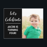 Custom Kids Foto Geburtstagsparty Black Minimalist Einladungspostkarte<br><div class="desc">Bestellen Sie diese personalisierten Kindergeburtstag-Einladungen mit anpassbaren Feldern auf der Rückseite der Postkarte für den Ort,  das Datum und die Uhrzeit Ihres Party. Legen Sie das Foto Ihres eigenen Kindes neben dem schwarzen Farbblock ein. Fügen Sie ihre Party-Informationen auf der Rückseite dieser benutzerdefinierten Karte hinzu.</div>