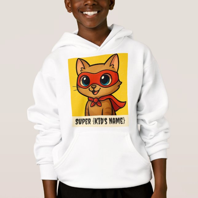 Custom Kids Hoodie - Superhero Cat with Personaliz (Vorderseite)