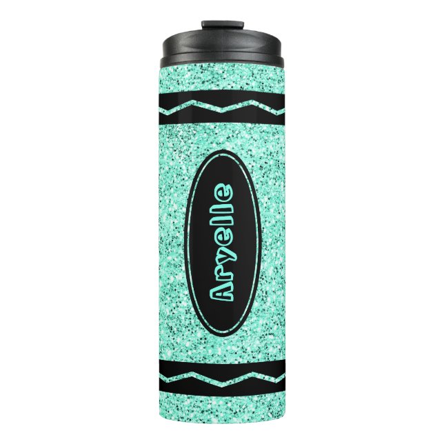 Custom Kids Name Aqua Glitzer Crayon Drink Tumbler Thermosbecher (Vorderseite)