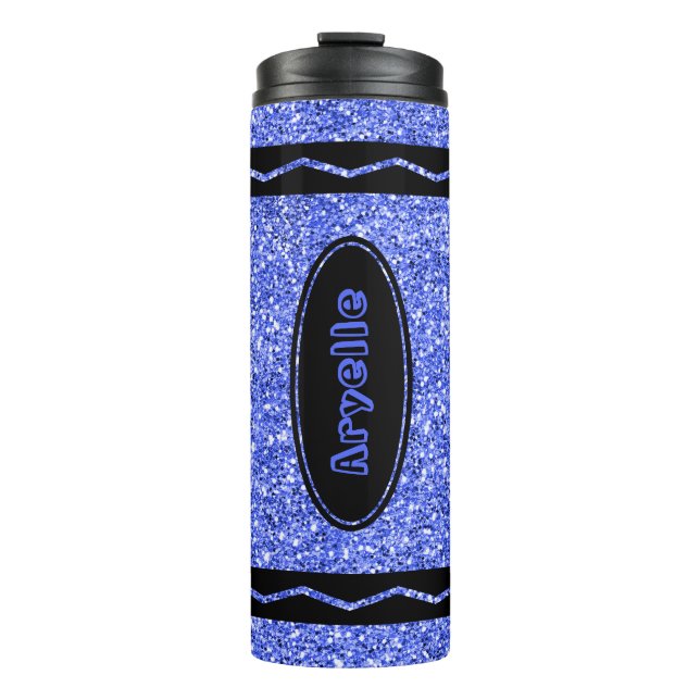 Custom Kids Name Blue Glitzer Crayon Drink Tumbler Thermosbecher (Vorderseite)