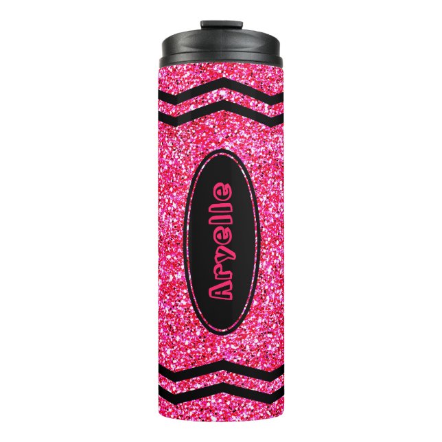 Custom Kids Name Hot Pink Glitzer Crayon Tumbler Thermosbecher (Vorderseite)