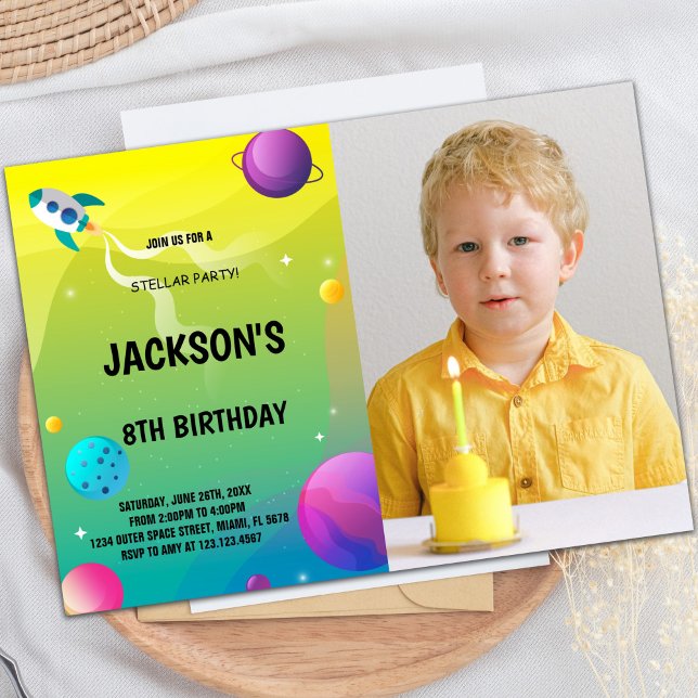 Custom Kids Space Party laden Einladung (Yellow Green Outer Space Birthday Invitations phot)