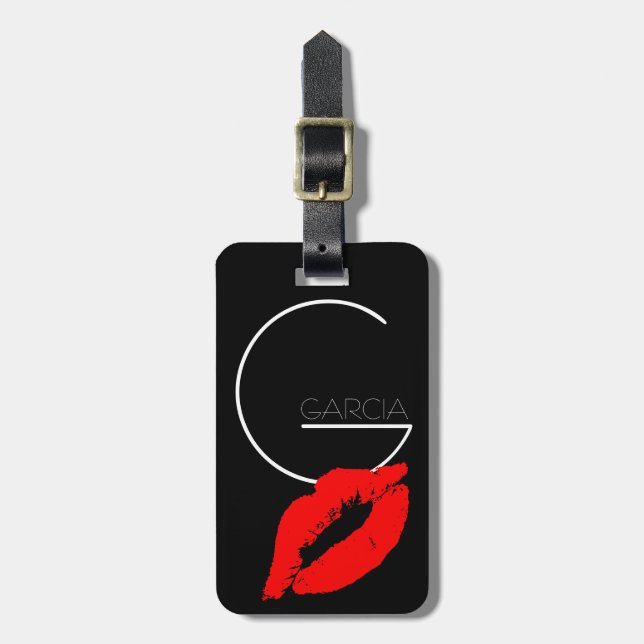 Custom Kiss Lip Black Lipstick Garcia Monogram Gepäckanhänger (Vorderseite vertikal)