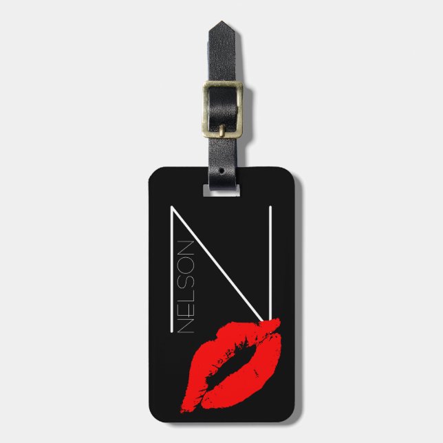 Custom Kiss Lip Black Lipstick Nelson Monogram Gepäckanhänger (Vorderseite vertikal)