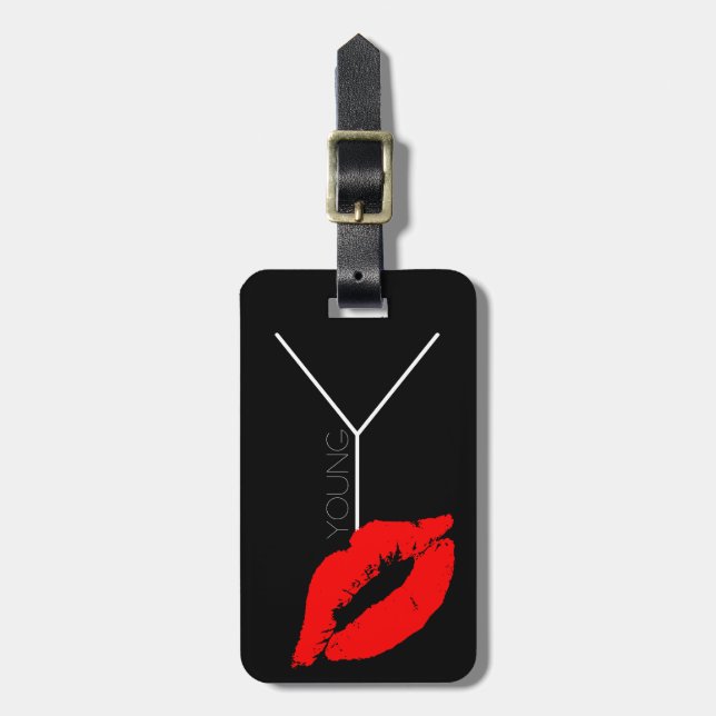 Custom Kiss Lips Black Red Lipstick Young Monogram Gepäckanhänger (Vorderseite vertikal)