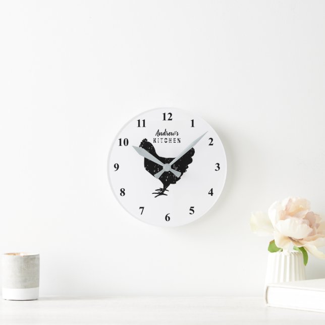 Custom kitchen wall clock with rustic chicken logo runde wanduhr (Zuhause)