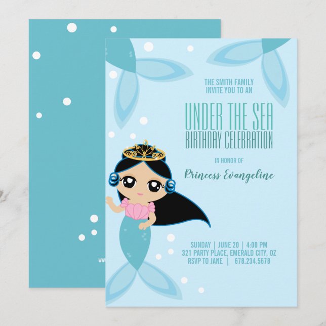 Custom kleinen MERMAID BIRTHDAY schwarzes Haar Einladung (Vorne/Hinten)