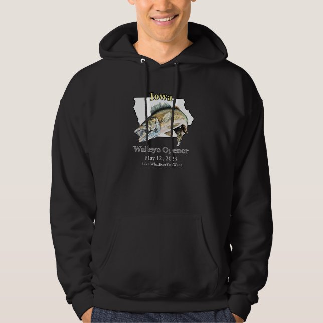 Custom Lake and Date Iowa Walleye Opener Dark Hoodie (Vorderseite)