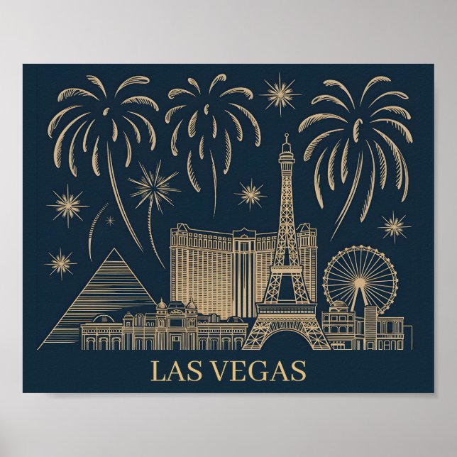 Custom Las Vegas Skyline Gold Line Kunst-Reise Poster (Vorne)