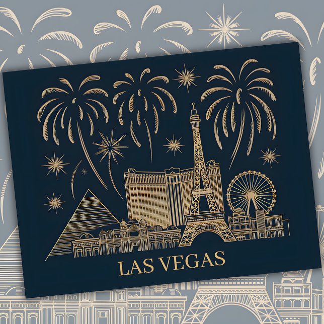 Custom Las Vegas Skyline Gold Line Kunst-Reise Postkarte (Las Vegas Skyline Gold Line Art Travel Postcard)