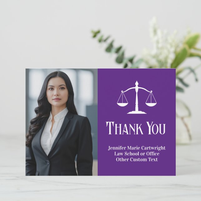 Custom Law Office Purple White Lawyer Photo Dankeskarte (Stehend Vorderseite)