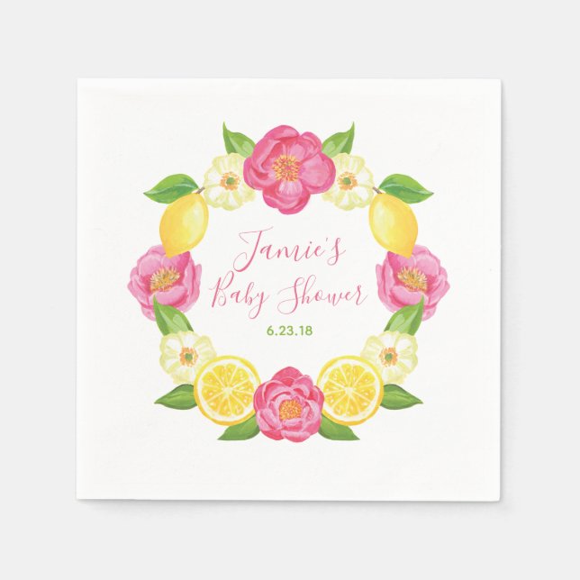 Custom Lemon Citrus Floral Rose Baby Dusche Party Serviette (Vorderseite)