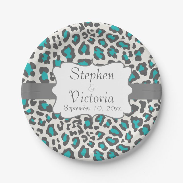 Custom Leopard Aqua, Grau, White Paper Teller (Vorderseite)