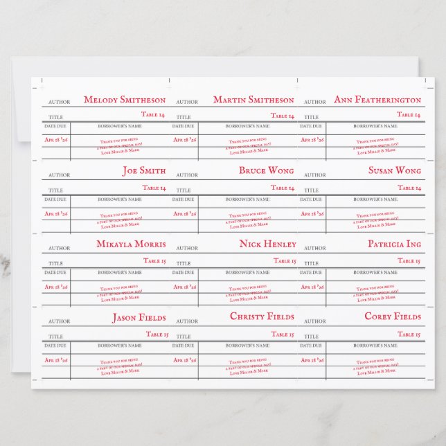 Custom Library Checkout Card Table Number Cards (Vorderseite)