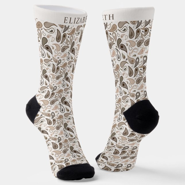 Custom Light Creme Beige Brown Paisley Muster Socken (Gewinkelt)