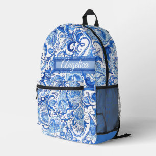 Custom Light Dark Blue White Floral Paisley Art Bedruckter Rucksack