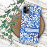 Custom Light Dark Blue White Floral Paisley Art