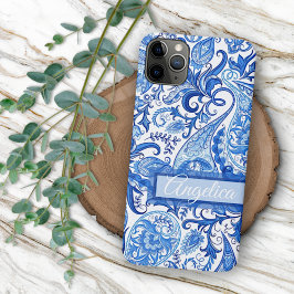 Custom Light Dark Blue White Floral Paisley Art iPhone 11Pro Max Hülle