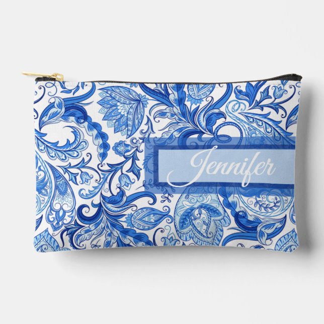 Custom Light Dark Blue White Floral Paisley Art Zubehörtasche (Vorderseite)