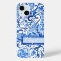 Custom Light Dark Blue White Paisley Art Muster