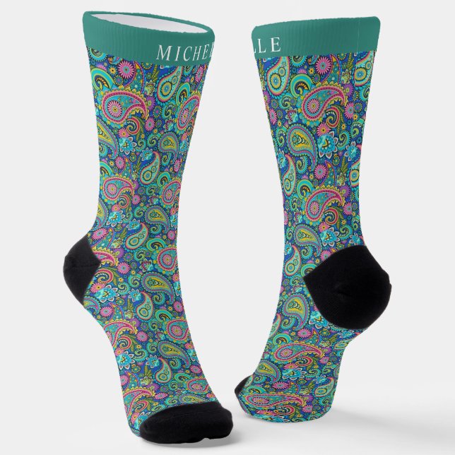 Custom Light Green Dunkel Blue Paisley Muster Socken (Gewinkelt)