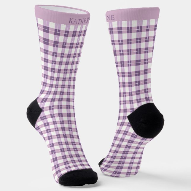 Custom Light Soft Pink Dark Purple Checkered  Socken (Gewinkelt)