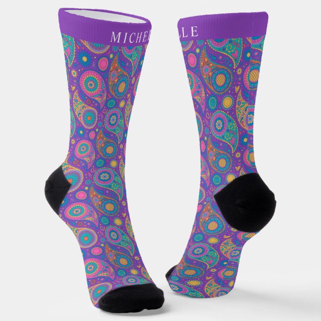 Custom Lila Blue Pink Paisley Pattern Socken (Gewinkelt)
